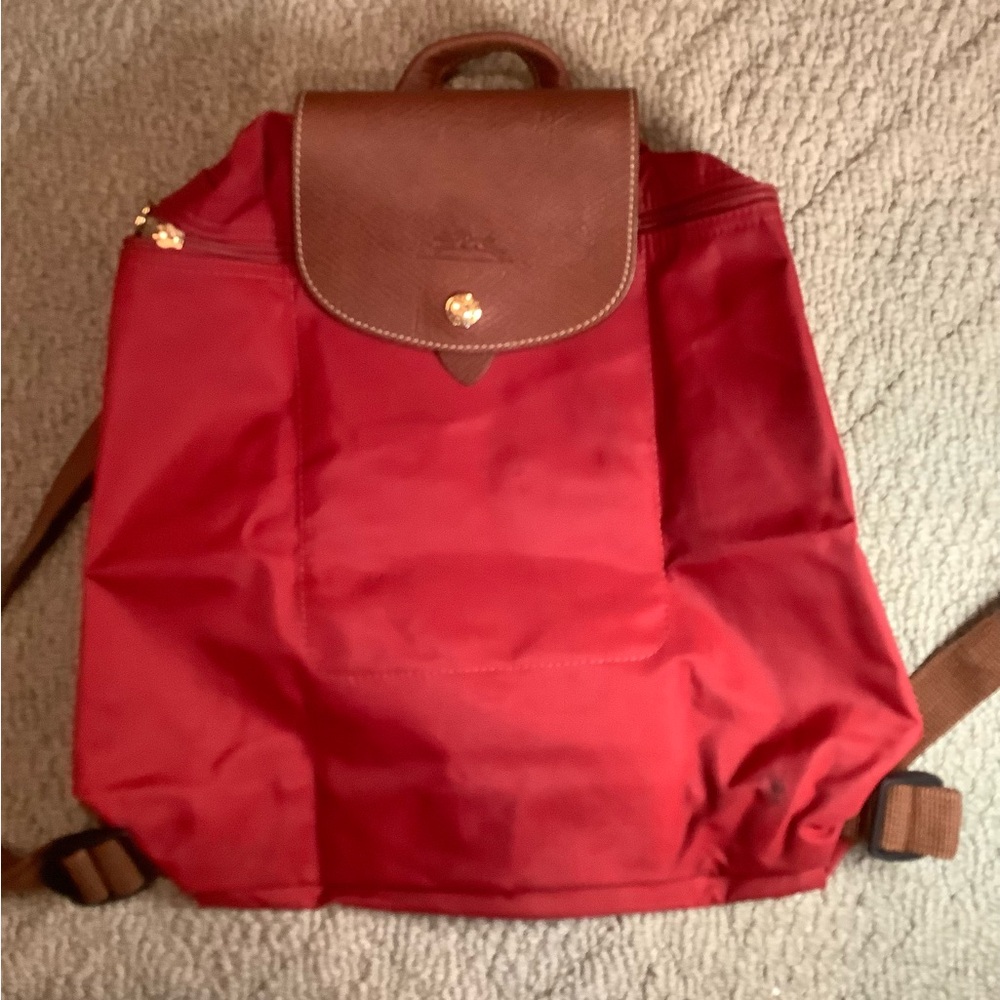 Longchamp Red Le Pliage Backpack with Brown Flap VINTAGE